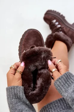 Clearance Boto Sznurowane Trapery Damskie Z Futerkiem Ciemnobrązowe Vaminia Brązowy