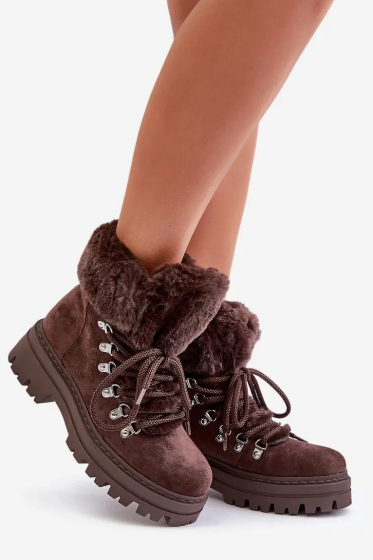 Clearance Boto Sznurowane Trapery Damskie Z Futerkiem Ciemnobrązowe Vaminia Brązowy