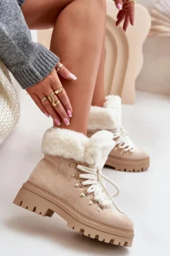 Damskie Boto Sznurowane Trapery Damskie Z Futerkiem Jasnobeżowe Vaminia