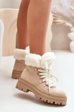 Damskie Boto Sznurowane Trapery Damskie Z Futerkiem Jasnobeżowe Vaminia