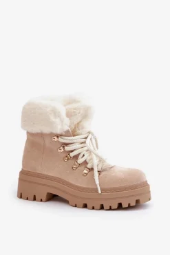 Damskie Boto Sznurowane Trapery Damskie Z Futerkiem Jasnobeżowe Vaminia