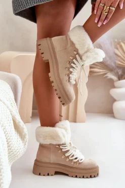 Damskie Boto Sznurowane Trapery Damskie Z Futerkiem Jasnobeżowe Vaminia
