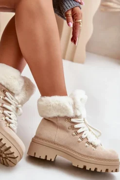 Damskie Boto Sznurowane Trapery Damskie Z Futerkiem Jasnobeżowe Vaminia