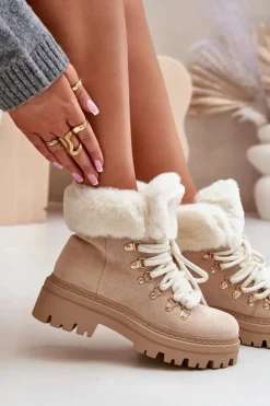 Damskie Boto Sznurowane Trapery Damskie Z Futerkiem Jasnobeżowe Vaminia