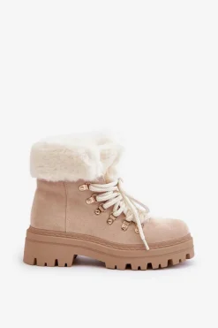 Damskie Boto Sznurowane Trapery Damskie Z Futerkiem Jasnobeżowe Vaminia