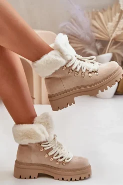 Damskie Boto Sznurowane Trapery Damskie Z Futerkiem Jasnobeżowe Vaminia