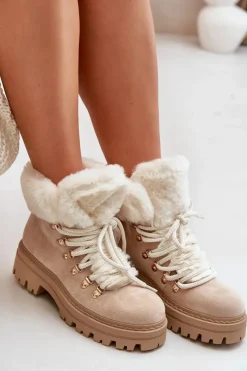 Damskie Boto Sznurowane Trapery Damskie Z Futerkiem Jasnobeżowe Vaminia