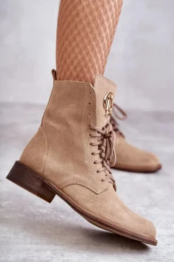 Clearance Boto Sznurowane Zamszowe Botki Z Ozdobą Nicole 2750 Beżowe