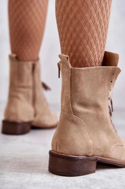 Clearance Boto Sznurowane Zamszowe Botki Z Ozdobą Nicole 2750 Beżowe