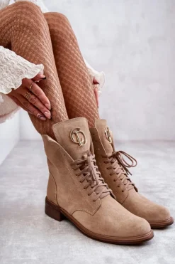 Clearance Boto Sznurowane Zamszowe Botki Z Ozdobą Nicole 2750 Beżowe