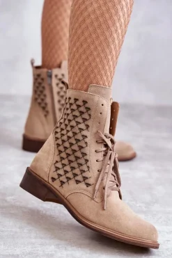 Boto Sznurowane Zamszowe Botki Nicole 2751 Beżowe