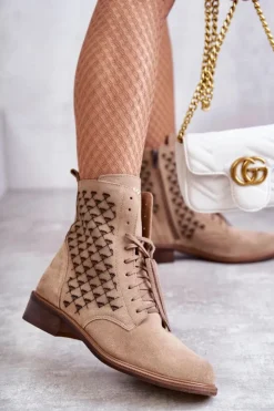 Boto Sznurowane Zamszowe Botki Nicole 2751 Beżowe