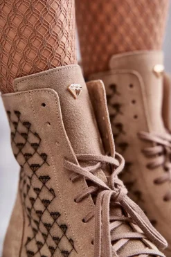 Boto Sznurowane Zamszowe Botki Nicole 2751 Beżowe