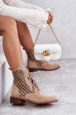 Boto Sznurowane Zamszowe Botki Nicole 2751 Beżowe