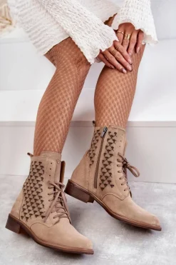 Boto Sznurowane Zamszowe Botki Nicole 2751 Beżowe