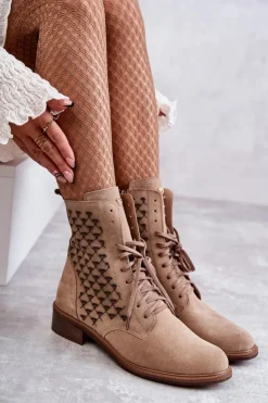 Boto Sznurowane Zamszowe Botki Nicole 2751 Beżowe