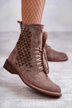 Damskie Boto Sznurowane Zamszowe Botki Nicole 2751 Brązowe