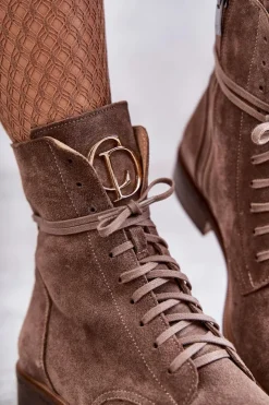 Boto Botki Wiosenne|Botki Skórzane*Sznurowane Zamszowe Botki Z Ozdobą Nicole 2750 Brązowe