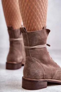 Boto Botki Wiosenne|Botki Skórzane*Sznurowane Zamszowe Botki Z Ozdobą Nicole 2750 Brązowe