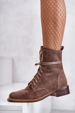 Boto Botki Wiosenne|Botki Skórzane*Sznurowane Zamszowe Botki Z Ozdobą Nicole 2750 Brązowe