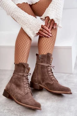 Boto Botki Wiosenne|Botki Skórzane*Sznurowane Zamszowe Botki Z Ozdobą Nicole 2750 Brązowe