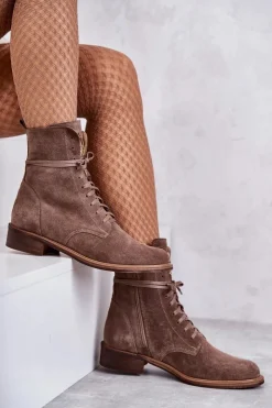 Boto Botki Wiosenne|Botki Skórzane*Sznurowane Zamszowe Botki Z Ozdobą Nicole 2750 Brązowe