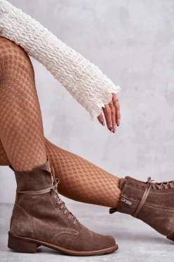 Boto Botki Wiosenne|Botki Skórzane*Sznurowane Zamszowe Botki Z Ozdobą Nicole 2750 Brązowe