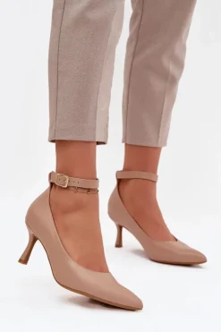 Damskie Boto Szpilki Czółenka Z Paskiem Ciemnobeżowe Perrine