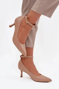 Damskie Boto Szpilki Czółenka Z Paskiem Ciemnobeżowe Perrine