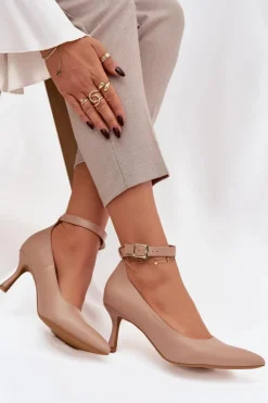 Damskie Boto Szpilki Czółenka Z Paskiem Ciemnobeżowe Perrine