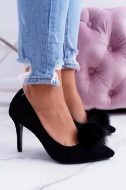 Boto Szpilki Zamszowe*Szpilki damskie Czarne Zamszowe Lu Boo Pompon
