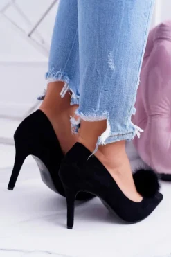 Boto Szpilki Zamszowe*Szpilki damskie Czarne Zamszowe Lu Boo Pompon