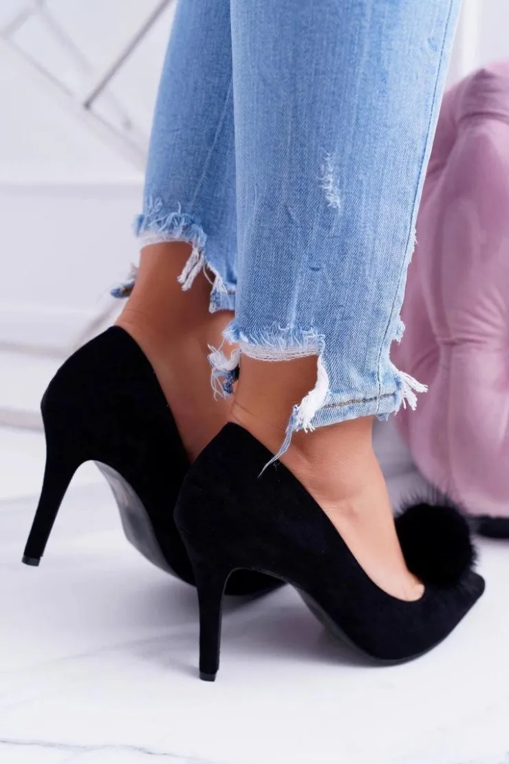 Boto Szpilki Zamszowe*Szpilki damskie Czarne Zamszowe Lu Boo Pompon