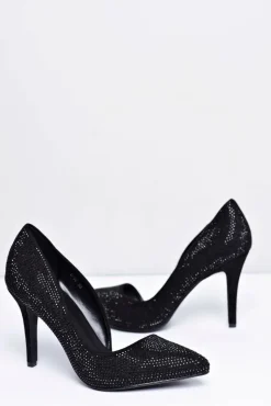 Damskie Boto Szpilki Damskie Czarne Zamszowe Cyrkonie Asymetryczne Santee