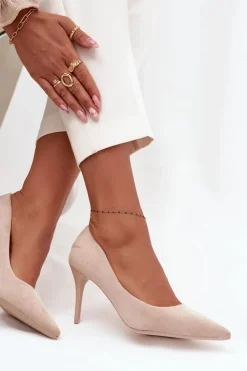 Clearance Boto Szpilki Damskie Z Eko Zamszu Beżowe Elvessa Beżowy