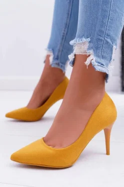 Damskie Boto Szpilki Damskie Zamszowe W Szpic Żółte Cream