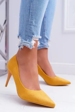 Damskie Boto Szpilki Damskie Zamszowe W Szpic Żółte Cream