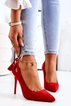 Damskie Boto Szpilki Damskie Zamszowe W Szpic Czerwone Leven