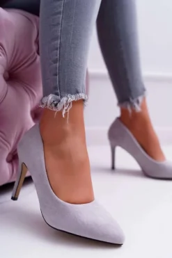 Damskie Boto Szpilki Damskie Zamszowe W Szpic Szare Kiss Me