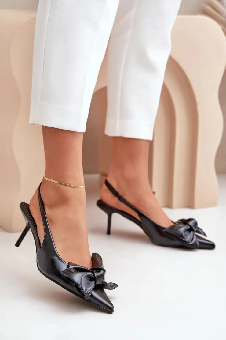 Boto Czółenka Klasyczne*Szpilki Z Kokardą Eko Skórzane Czarne Emirenna