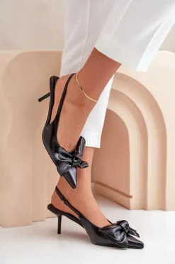Boto Czółenka Klasyczne*Szpilki Z Kokardą Eko Skórzane Czarne Emirenna