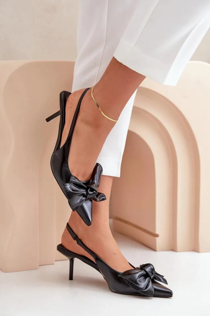 Boto Czółenka Klasyczne*Szpilki Z Kokardą Eko Skórzane Czarne Emirenna