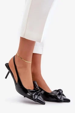 Boto Czółenka Klasyczne*Szpilki Z Kokardą Eko Skórzane Czarne Emirenna