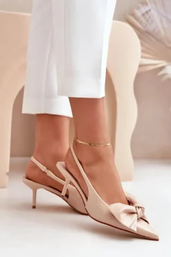 Damskie Boto Szpilki Z Kokardą Eko Skórzane Beżowe Emirenna