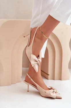 Damskie Boto Szpilki Z Kokardą Eko Skórzane Beżowe Emirenna