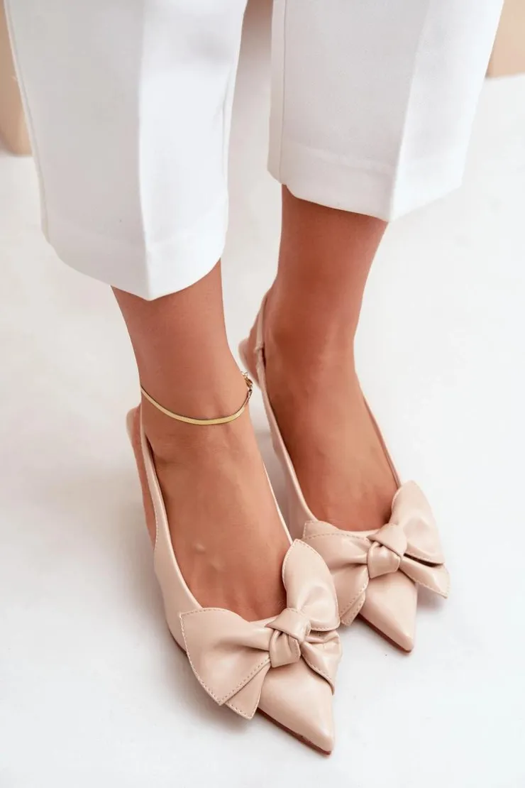 Damskie Boto Szpilki Z Kokardą Eko Skórzane Beżowe Emirenna