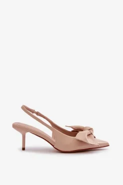 Damskie Boto Szpilki Z Kokardą Eko Skórzane Beżowe Emirenna