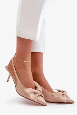 Damskie Boto Szpilki Z Kokardą Eko Skórzane Beżowe Emirenna