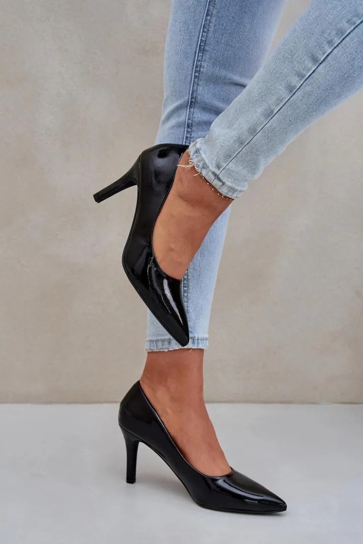 Boto Czółenka Klasyczne*Szpilki Z Lakierowanej Eko Skóry Czarne Sanalitia