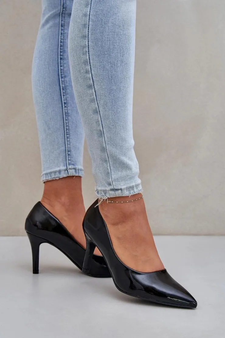 Boto Czółenka Klasyczne*Szpilki Z Lakierowanej Eko Skóry Czarne Sanalitia